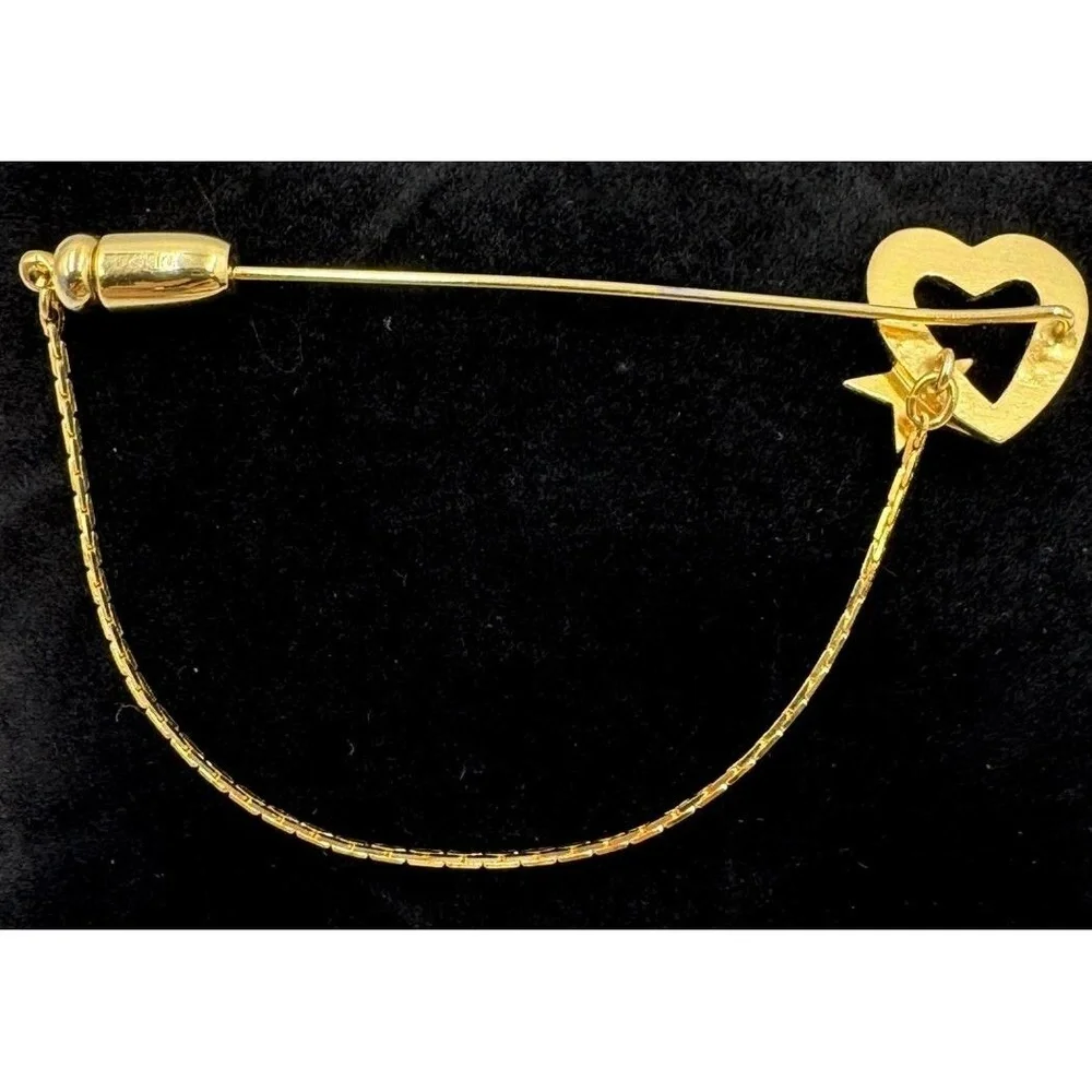 Vintage Valentines Day Gold Tone Rhinestone Heart Star Locking Stink Pin & Chain